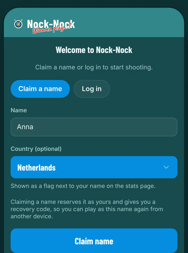 The claim screen with name and country fields