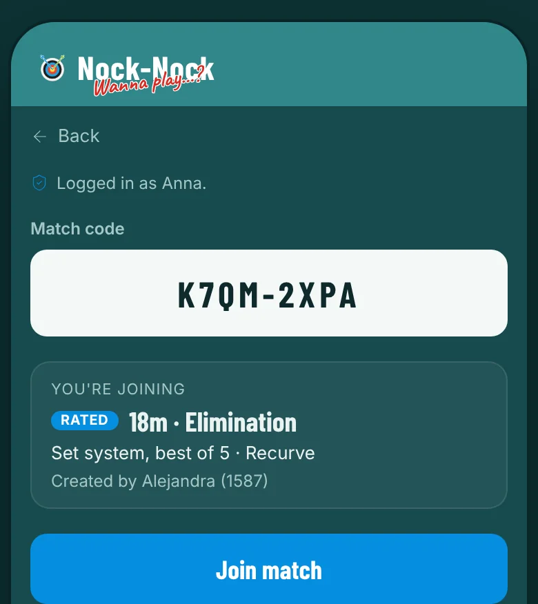 The join screen with a match code and a preview of the match