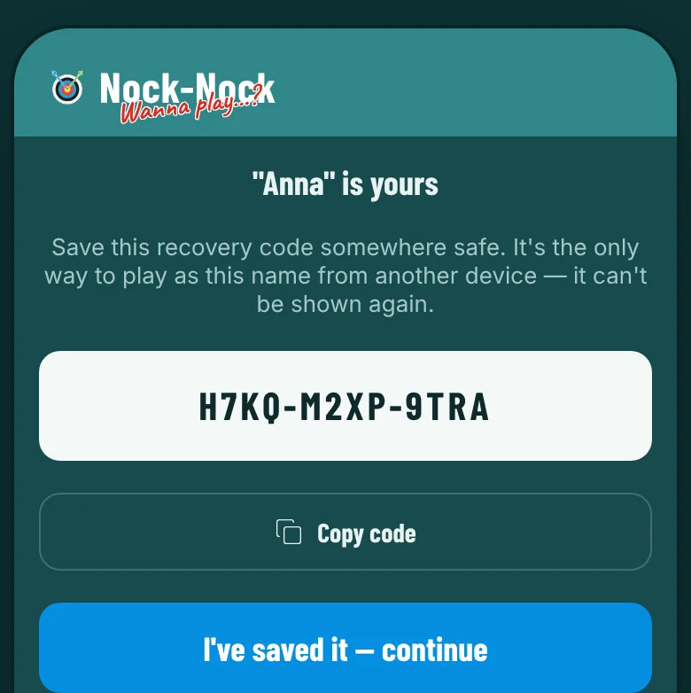 The recovery code screen