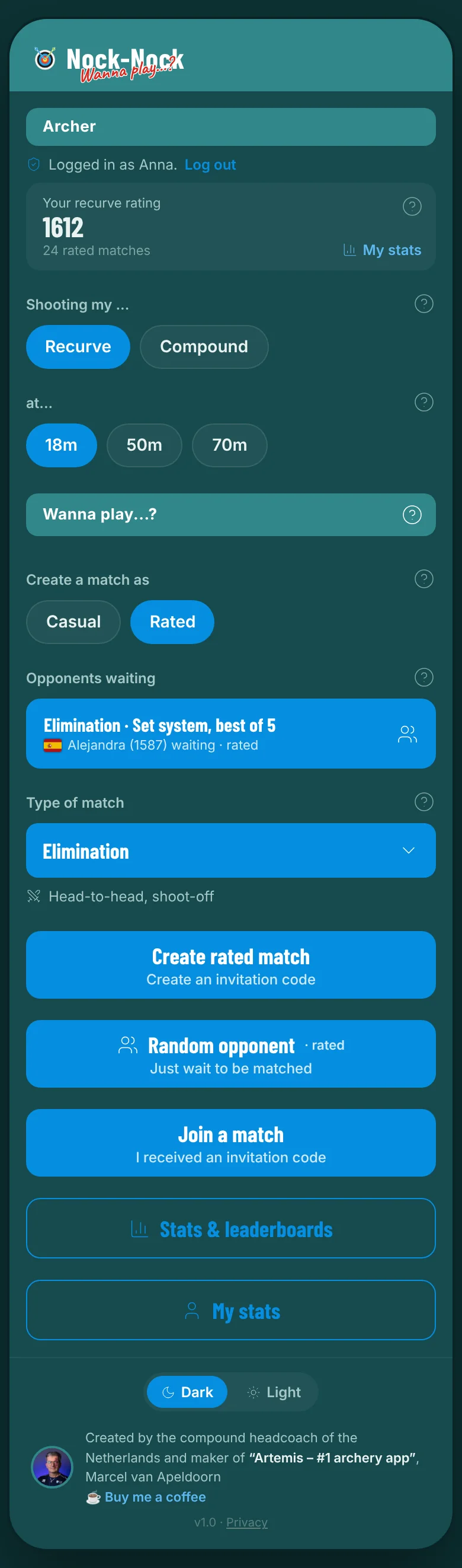 The setup screen with bow, distance, match type and the three ways to start a match